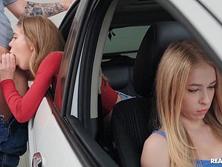 Russian complain gets fucked in a car dorsum behind her friend’s back.